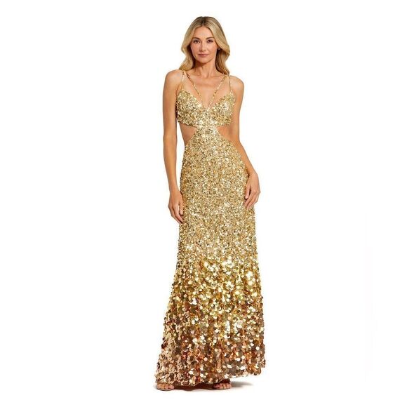 MAC DUGGAL 6077 Gold Thin Strap Cut Out Gown With Ombre Sequins - Picture 6 of 16